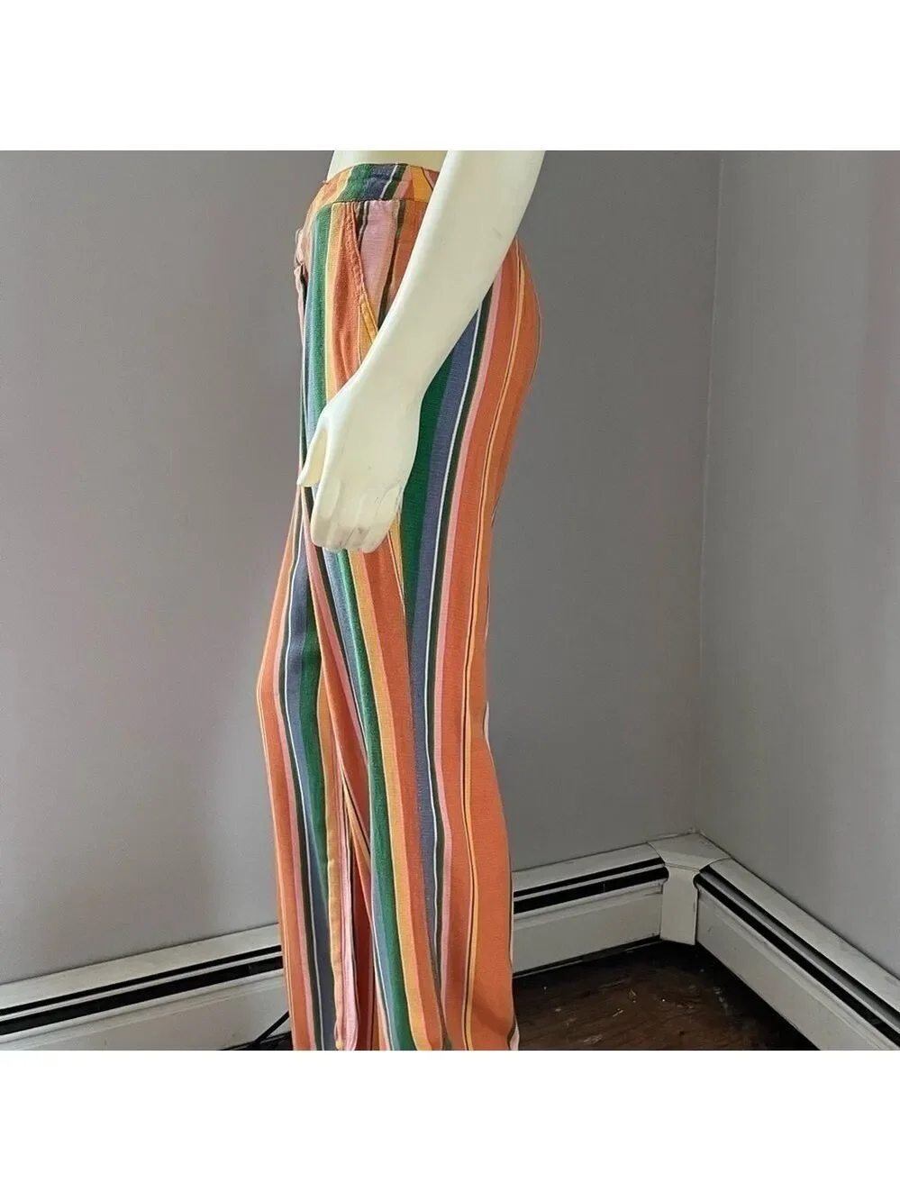 Free People Anthropologie Women’s Boho Striped Pants Orange Green Pink Blue 4